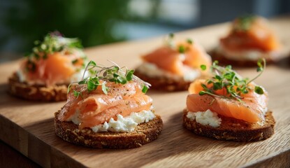 Smoked salmon appetizers on toasted bread, garnished with microgreens