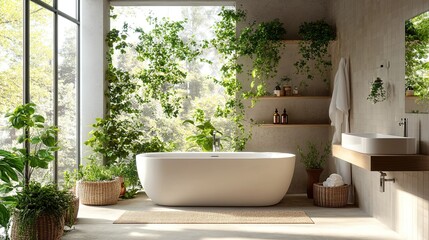 A serene bathroom sanctuary with lush greenery a modern bathtub and a calming spa vibe creating tranquility and natural