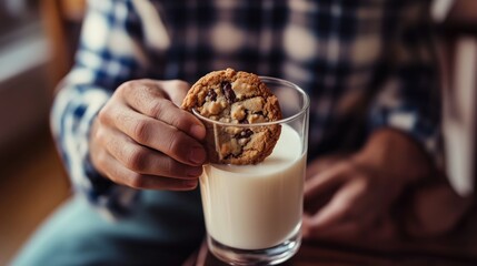 Hand Dipping Chocolate Chip Cookie into Glass of Milk, Cozy Moment