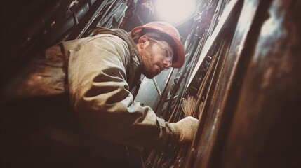 Man in hard hat working on metal structure with brush in dimly lit industrial environment