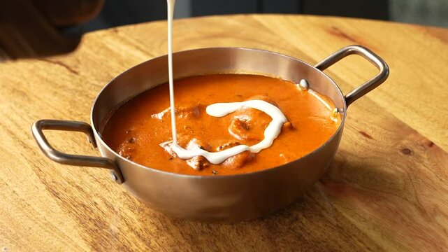 Fresh Cream getting topped on butter chicken as garnish