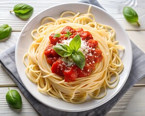 Classic Italian spaghetti pasta with tomato sauce, cherry tomatoes, and basil leaves served on white plate with ingredients