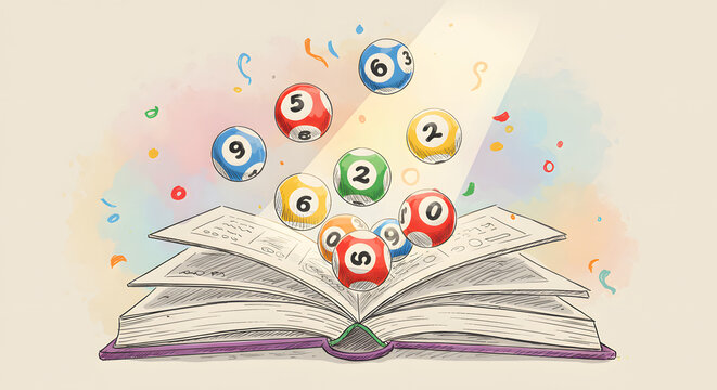 Open Book with Colorful Bingo Balls and Confetti in Artistic Illustration
