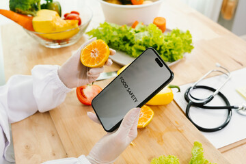 Fresh vegetables inspected for quality and safety in a clean kitchen, promoting health, hygiene,...