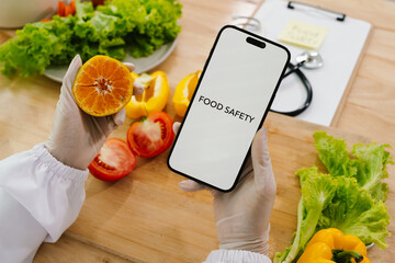 Fresh vegetables inspected for quality and safety in a clean kitchen, promoting health, hygiene,...