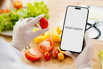 Fresh vegetables inspected for quality and safety in a clean kitchen, promoting health, hygiene,...