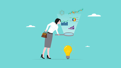 Data scientist, analyze data to produce recommendation and company decision support, analyze data for business insight, woman analyzing lightbulb idea using magnifying glass for business insight