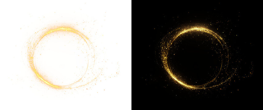 Radiant gold swirl with glowing light, sparkle, and dust trail. This vibrant PNG effect adds magic and elegance to festive, luxury, or celebratory design themes.