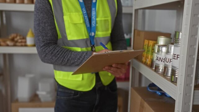 Man uses clipboard before writing notes in a pantry where hispanic volunteer logs donation inventory beside shelf during checking.