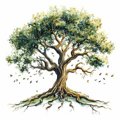 Tree of life design, clear defined branches and roots, solid green and brown colors, symbolizing growth, connection to nature, and eternal life, no gradients, pure white background.

