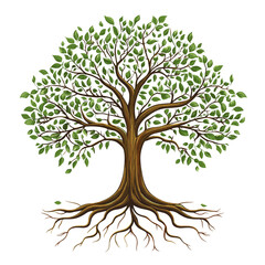 Tree of life design, clear defined branches and roots, solid green and brown colors, symbolizing growth, connection to nature, and eternal life, no gradients, pure white background.

