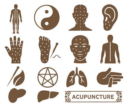 Acupuncture Icons Set with Human Body Meridian Points and Traditional Chinese Medicine Symbols