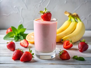 Fresh strawberry banana smoothie in glass with whole fruits on table, healthy summer drink with natural ingredients