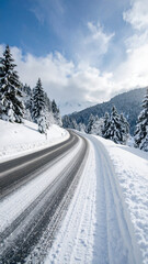Obraz premium Winter Road to the Mountains: A winding road cuts through a serene winter landscape, framed by snow-laden pine trees and leading towards majestic mountains under a blue, cloudy sky.
