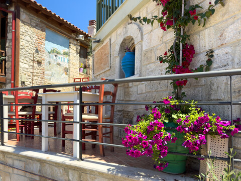Fototapeta street in the old town with Mediterranean house with colorful plants in spring