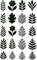 Seamless pattern with black silhouettes of trees, leaves, and plants, a vintage floral vector illustration for elegant decor and wallpaper