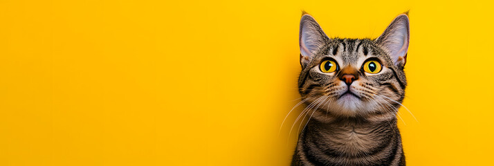 Tabby Cat with Bright Yellow Eyes on Yellow Background wide banner 