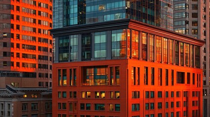Fototapeta premium Modern urban architecture bathed in sunset orange light