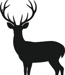 Silhouette of Standing Deer with Antlers Black Vector Illustration of Wild Forest Animal
