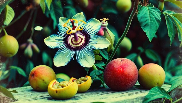 Close Up Of Passion Flower And Fruits In The Garden with Empty Copy Space For Text