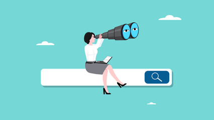 looking for career or job opportunities, find new strategy to success, looking for job vacancy, analysis or observation concept, business woman sitting on search box with binoculars to do research