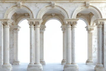 Naklejka premium Roman-style archway with marble columns, grand proportions, gleaming textures and symmetry captured on white background.