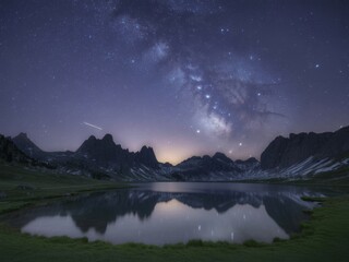 Fototapeta premium Milky way galaxy over serene mountain lake