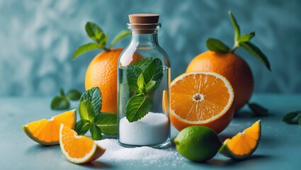 Squeezed Orange And Lime In A Glass Bottle With Mint And Sugar, Bright Colours And Healthy Lifestyle Trend. Space For Text.. With Empty Copy Space For Text