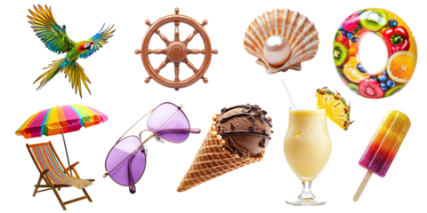 Set of summer items for rest and relaxation isolated on transparent background PNG. Summer things for beach vacation, parrot, glasses, ice cream, cocktail, shell, ship's wheel, beach chair with umbrel
