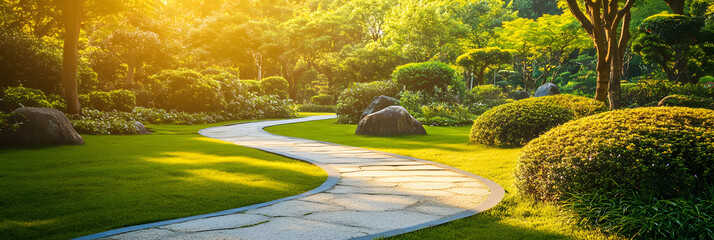 Lush Green Path for Buddhist Walking Meditation wide banner 