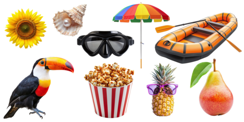 Set of summer items for rest and relaxation isolated on transparent background PNG. Summer things for beach vacation, boat, popcorn, diving glasses, toucan, pineapple, shell, sunflower