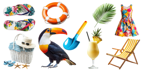 Set of summer items for rest and relaxation isolated on transparent background PNG. Summer things for beach vacation, beach slippers, beach chair, dress, cocktail, bag, hat, glasses, lifebuoy
