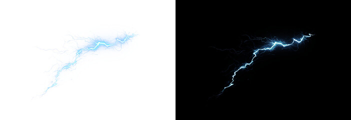 Realistic lightning bolt with electric flash and bright blue spark. High-voltage PNG with transparent background perfect for weather, power, and natural phenomenon effects.