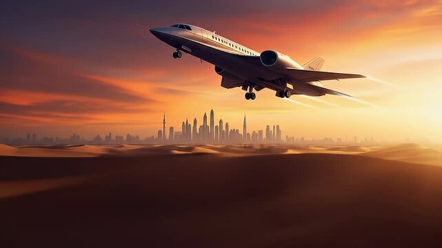 Airplane Flying Over Dubai Desert Near Dubai Airport with City Skyline in Distance
