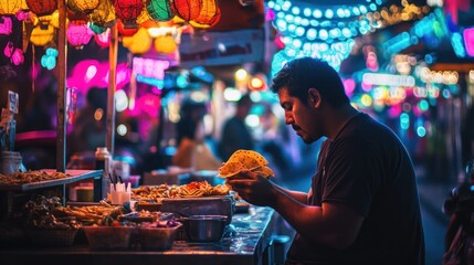 Night Market Delights: Man Enjoying Tacos Under Vibrant Lights