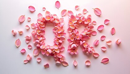 "QR" letters artfully composed with delicate pink flower petals, on a soft background.