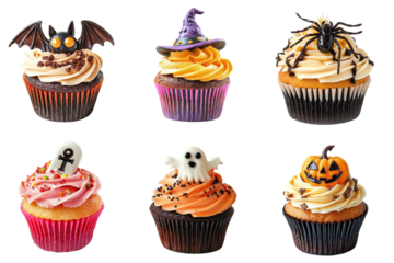 Set of different delicious cupcakes with cream and edible Halloween decoration isolated on transparent background PNG. Tombstone, ghost, pumpkin, bat, spider, witch hat