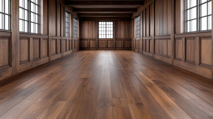 Obraz premium A spacious, elegantly designed wooden interior with rich hardwood flooring and detailed paneling, Ideal for use in home improvement, real estate listings, or interior design projects,
