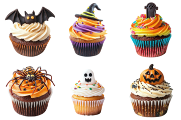 Set of different delicious cupcakes with cream and edible Halloween decoration isolated on transparent background PNG