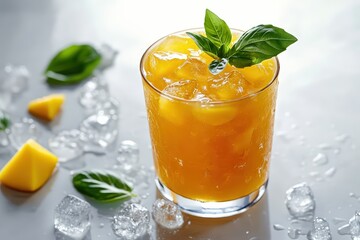  Mango juice in tumbler with ice, golden tone glows under soft light, diagonal mango slices and basil garnish add balance, white background.
