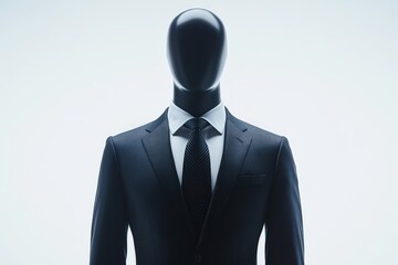  Mannequin in tailored black suit and tie, sharp contours and fabric texture enhanced by clean light, professional elegance on white background.
