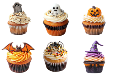 Set of different delicious cupcakes with cream and edible Halloween decoration isolated on transparent background PNG