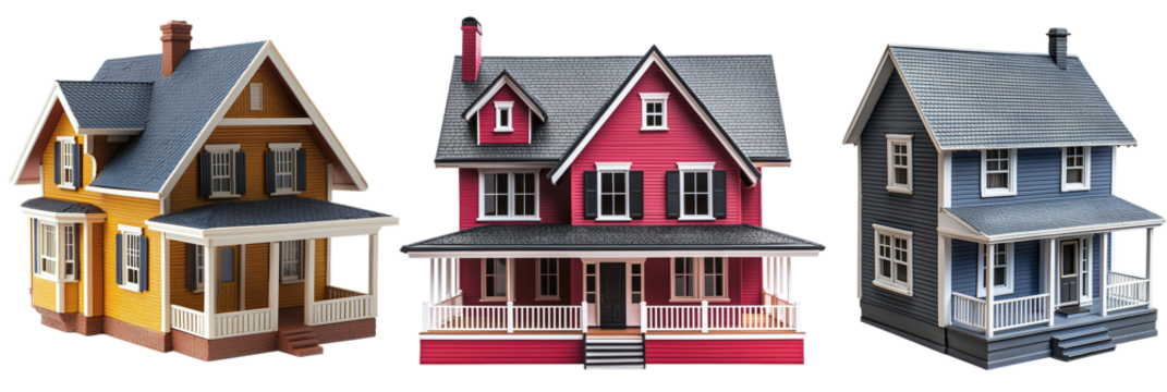 Set of private suburban wooden houses isolated on transparent background PNG