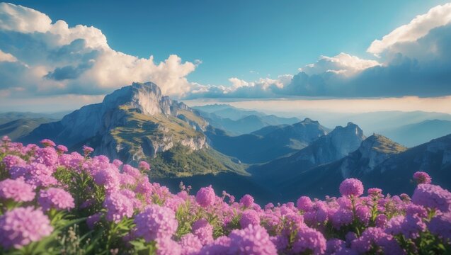 Panoramic view of a mountain landscape with sky and clouds, peace and relaxation, beautiful nature to calm our mind, copy space