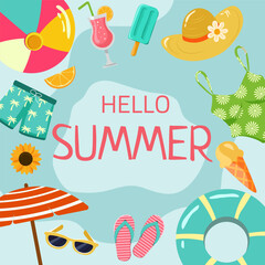 Hello summer. Vector design for summer banner, poster, coupon or flyer. Ice cream, sunglasses, cocktail and summer mood.