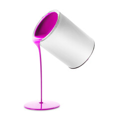 Pink paint pouring out of can on white background