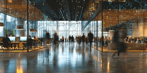Modern office interior with busy business people walking around. Generative AI AIG18. High quality
