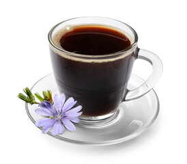 Chicory drink in glass cup and flower isolated on white