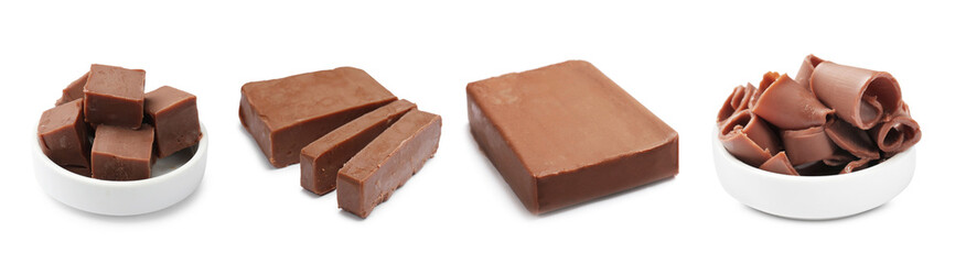 Chocolate butter isolated on white, set. Cubes, shavings and block