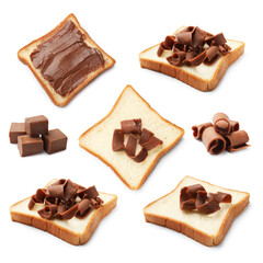 Chocolate butter isolated on white, set. Bread slices, shavings and cubes